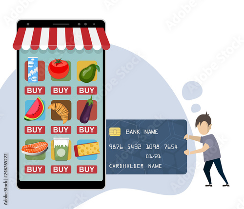 Buying food online using a smartphone on a white background.