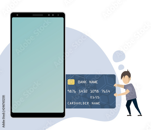 Shopping online using a smartphone on a white background.
