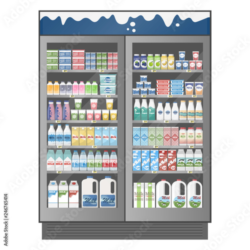 Commercial refrigerator full of various dairy products with price