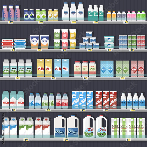 Counter (refrigerator) with dairy products with price tags in a supermarket.