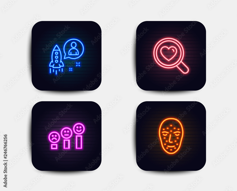 Neon glow lights. Set of Search love, Startup and Customer satisfaction icons. Face biometrics sign. Dating service, Developer, Happy smile chart. Facial recognition. Neon icons. Vector Neon glow lights. Set of Search love, Startup and Customer satisfaction icons. Face biometrics sign. Dating service, Developer, Happy smile chart. Facial recognition. Neon icons. Vector