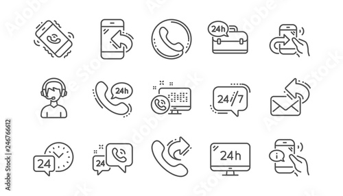 Processing line icons. Call center, Support and Chat message. 24 hour service linear icon set  Vector