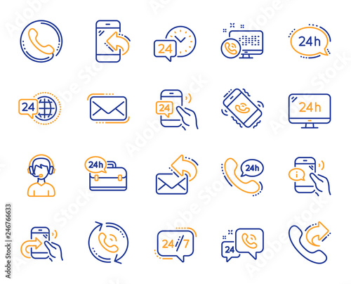 Processing line icons. Set of Callback or feedback, Call support and Chat message icons. 24 hour service, Call centre, 24/7. Telephone callback, support message, feedback phone center. Vector