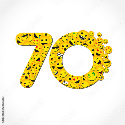 70 th years old congrats. Isolated yellow letter O logotype. Abstract web graphic symbol of 70 %. Vector label template design. Round shape digits, up to -70 % percent off. Discount business sign.