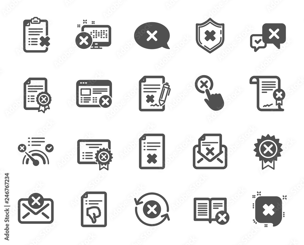 Reject or cancel icons. Set of Decline certificate, Cancellation and Dislike icons. Refuse, Reject stamp, Disapprove or cancel. Wrong agreement, delete certificate, checklist document. Vector Reject or cancel icons. Set of Decline certificate, Cancellation and Dislike icons. Refuse, Reject stamp, Disapprove or cancel. Wrong agreement, delete certificate, checklist document. Vector