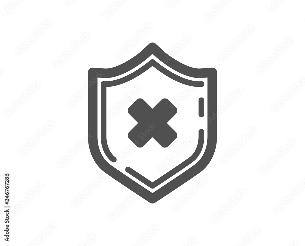 Reject protection icon. Decline shield sign. No security. Quality design element. Classic style icon. Vector