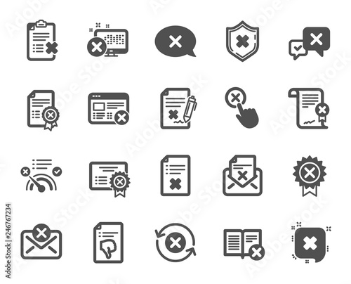 Reject or cancel icons. Set of Decline certificate, Cancellation and Dislike icons. Refuse, Reject stamp, Disapprove or cancel. Wrong agreement, delete certificate, checklist document. Vector