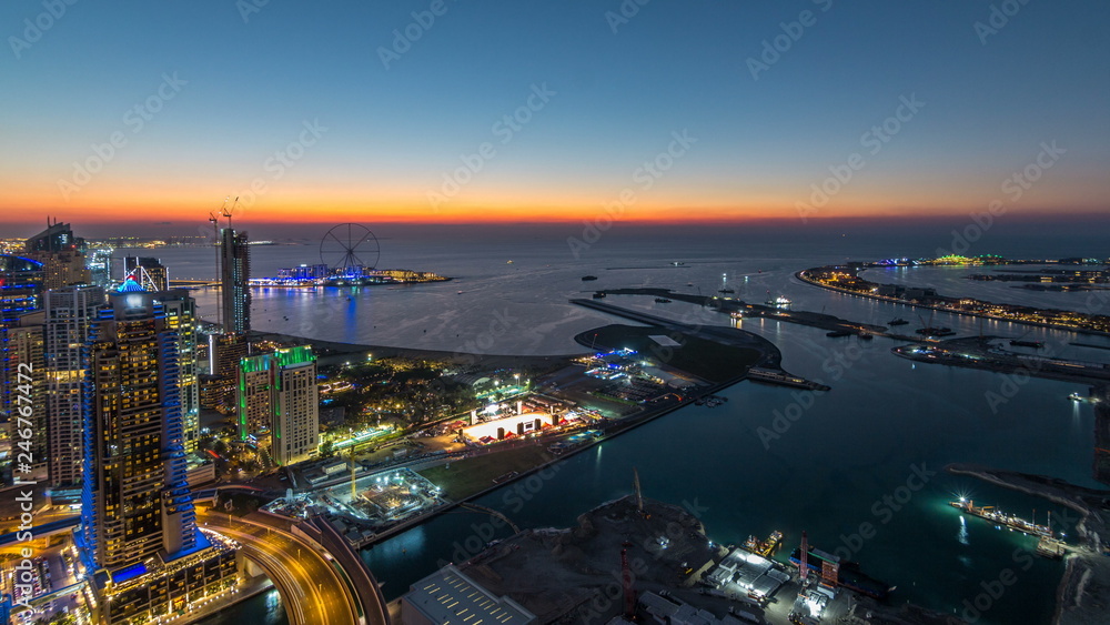 JBR and Bluewaters island aerial day to night timelapse