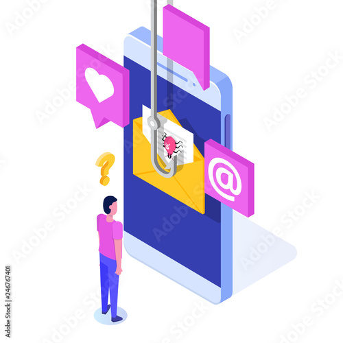 Data phishing isometric, hacking online scam on smartphone concept. Fishing by email. Cyber thief. Vector illustration.