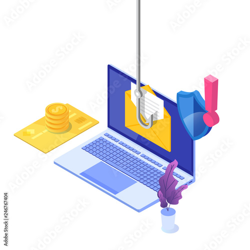 Data phishing isometric, hacking online scam on laptop concept. Fishing by email. Cyber thief. Vector illustration.