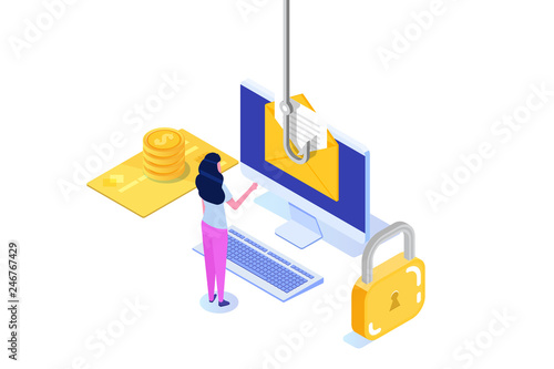 Data phishing isometric, hacking online scam on desktop concept. Fishing by email. Cyber thief. Vector illustration.