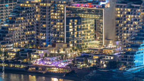 Aerial view of Palm Jumeirah Island night timelapse.