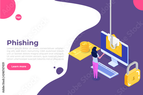 Data phishing isometric, hacking online scam on desktop concept. Fishing by email. Cyber thief. Vector illustration.