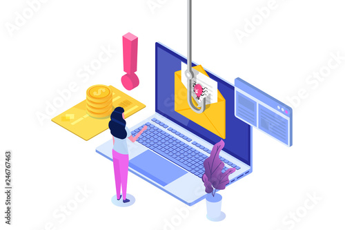 Data phishing isometric, hacking online scam on laptop concept. Fishing by email. Cyber thief. Vector illustration.