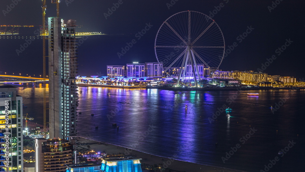 Bluewaters island aerial night timelapse with ferris wheel