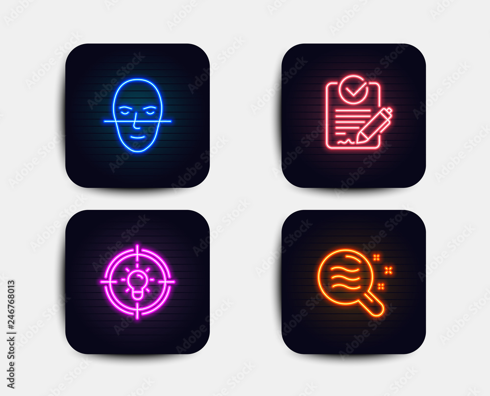 Neon glow lights. Set of Idea, Rfp and Face recognition icons. Skin condition sign. Solution, Request for proposal, Faces biometrics. Search magnifier. Neon icons. Glowing light banners. Vector Neon glow lights. Set of Idea, Rfp and Face recognition icons. Skin condition sign. Solution, Request for proposal, Faces biometrics. Search magnifier. Neon icons. Glowing light banners. Vector