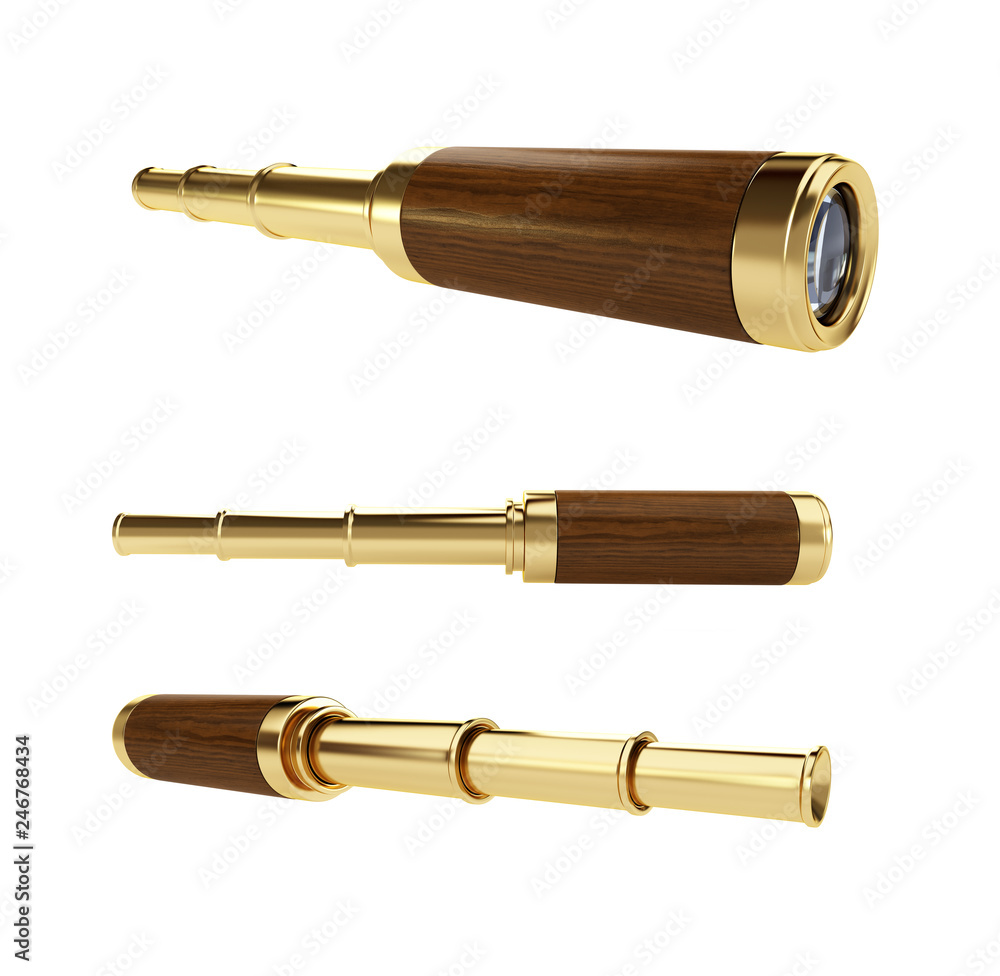 old gold telescope set on a white background 3D illustration, 3D rendering old gold telescope set on a white background 3D illustration, 3D rendering