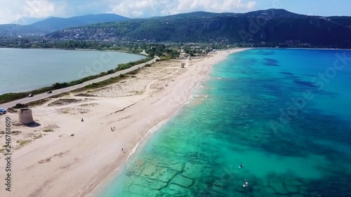 Aerial drone view video of Lefkada Canal a natural entrance to the island with swamp like landscape near castle of Agia Mavra, Ionian, Greece photo