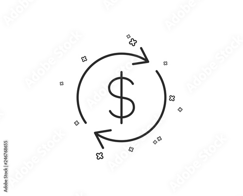 Currency exchange line icon. Money Transfer sign. Dollar in rotation arrow symbol. Geometric shapes. Random cross elements. Linear Usd exchange icon design. Vector