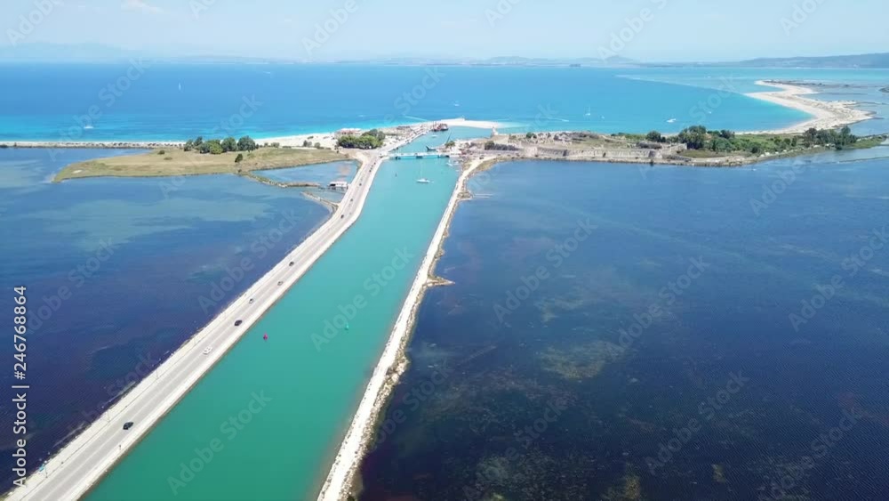 Aerial drone view video of Lefkada Canal a natural entrance to the island with swamp like landscape near castle of Agia Mavra, Ionian, Greece Aerial drone view video of Lefkada Canal a natural entrance to the island with swamp like landscape near castle of Agia Mavra, Ionian, Greece