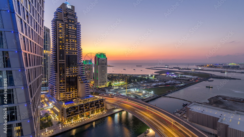 Fototapeta premium JBR and Dubai marina after sunset aerial day to night timelapse