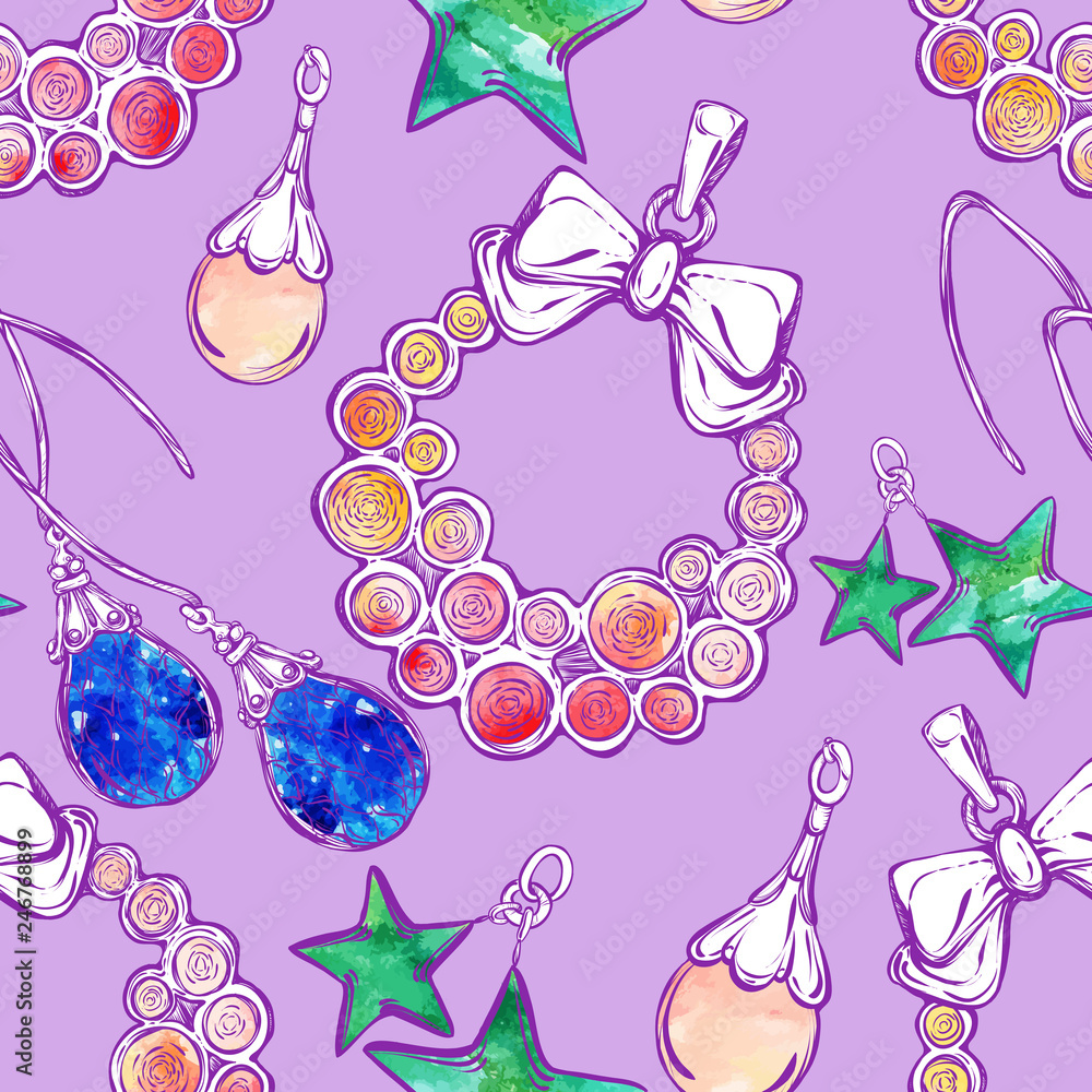 Jewelry, fashion vector illustration,handmade, seamless pattern, purple background