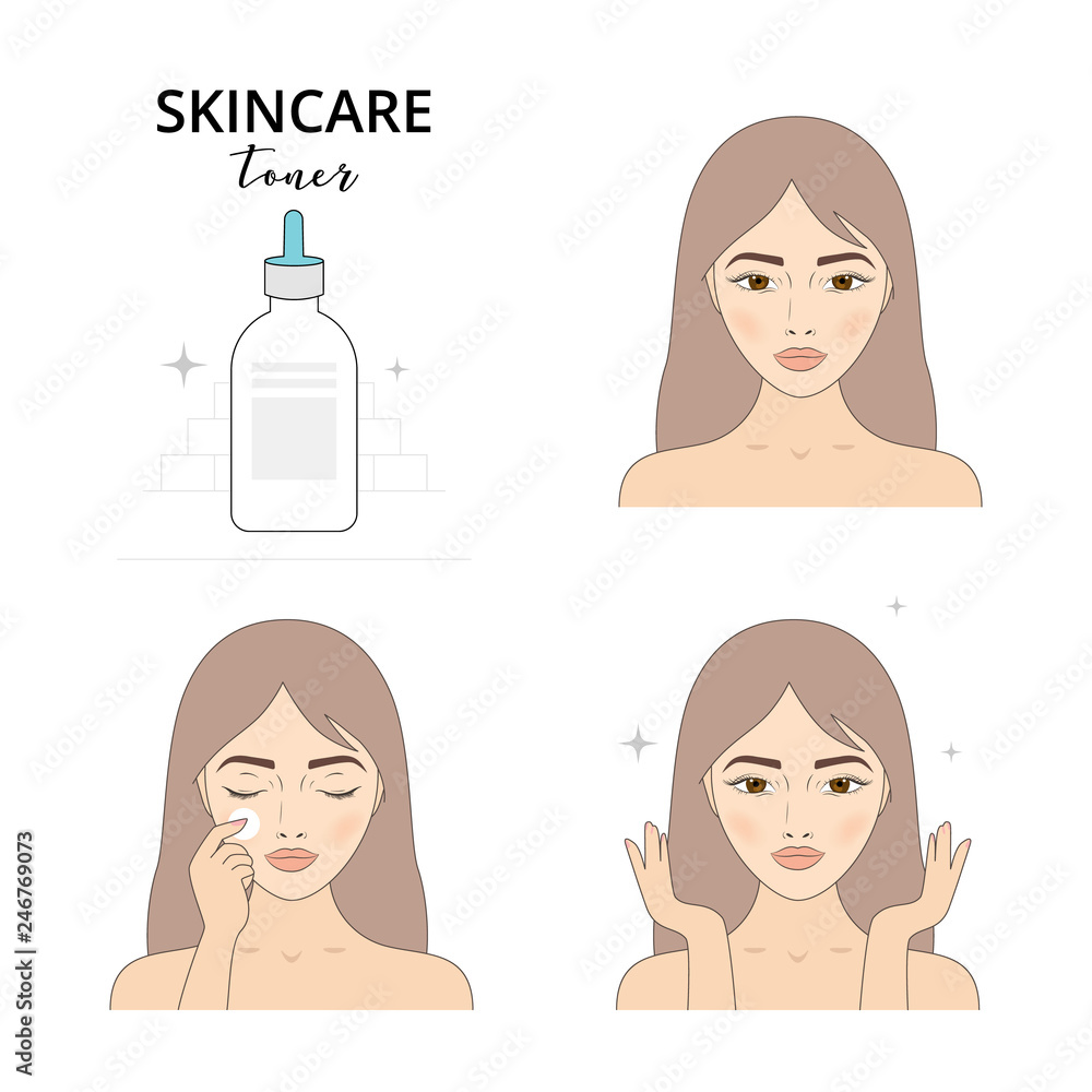 Beautiful woman take care about her face. Illustrated steps how to apply a toner. Isolated lined illustrations set. Beautiful woman take care about her face. Illustrated steps how to apply a toner. Isolated lined illustrations set.