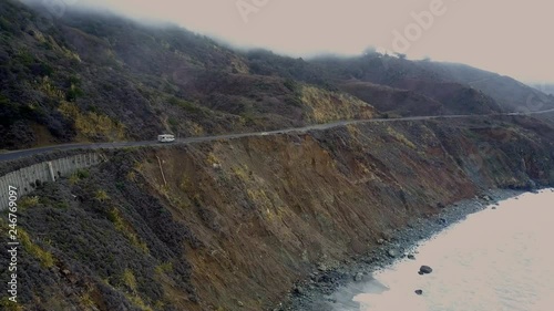 Aerial view of a motorhome driving on the famous Pacific Coast Highway One.