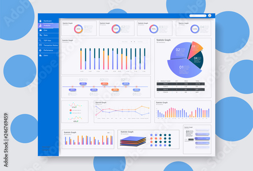 Dashboard user admin panel template design . Infographic dashboard template with flat design graphs and charts.Vector UX