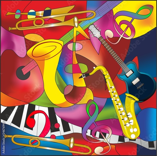 colorful composition with guitars, trumpets and notes