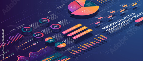 Set of colorful infographic vector elements: presentation graphics, statistics of data and diagrams. 3d isometric design. Infographics, brochures vector templates for business reports.
