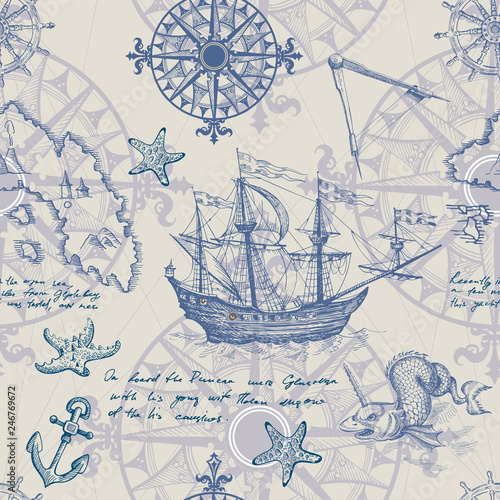 Old caravel, vintage sailboat, sea monster. Vector seamless pattern