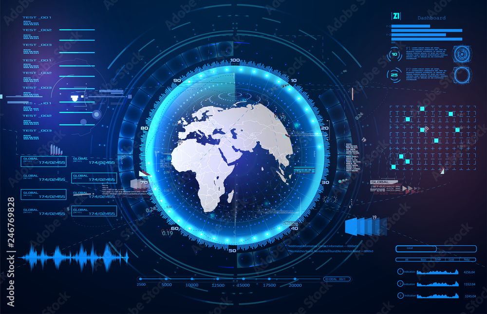 Fototapeta premium Fantastic abstract background with different elements of the HUD. Abstract set with hud radar. Digital radar screen. Abstract technology ui design vector. Future icon.Vector