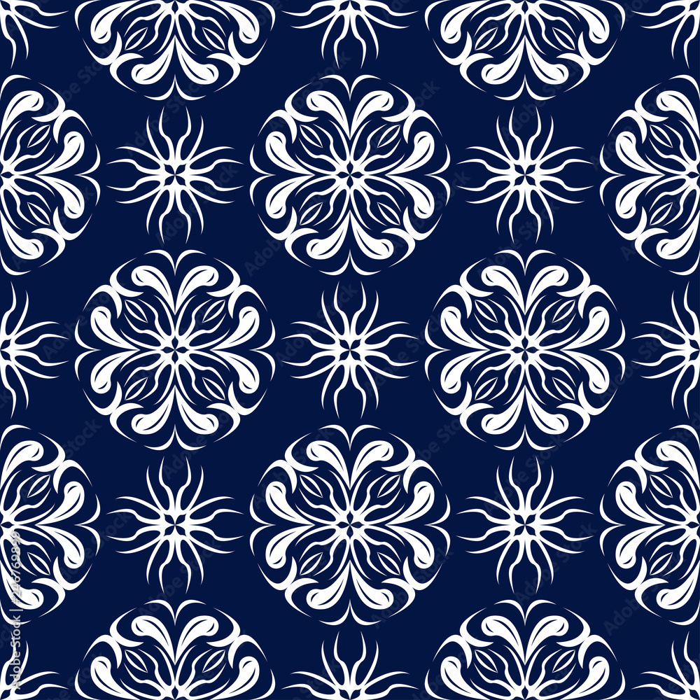 Floral seamless background. White design on dark blue backdrop Floral seamless background. White design on dark blue backdrop
