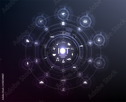 	 Internet of things (IoT) and networking concept for connected devices. Spider web of network connections with on a futuristic blue background EPS10