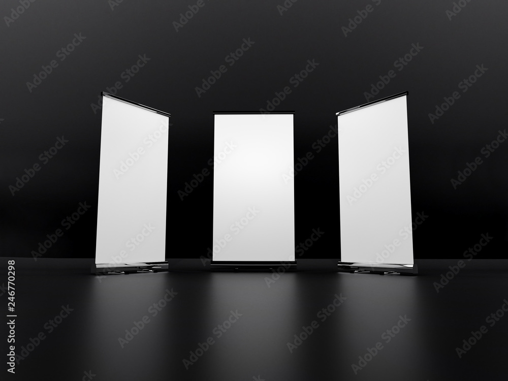 Outdoor Advertising Stand Banner (empty roll-up poster) - mockup template. 3D rendering Outdoor Advertising Stand Banner (empty roll-up poster) - mockup template. 3D rendering