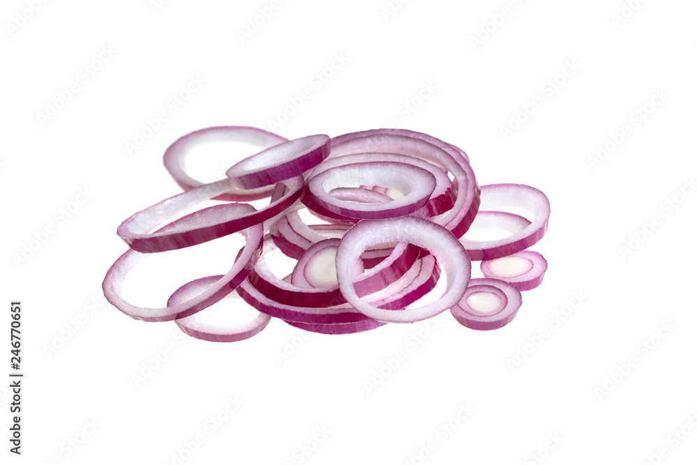 Close-up of sliced red onion rings isolated on white background. Macro shot, high quality