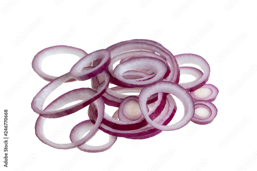 Close-up of sliced red onion rings isolated on white background. Macro shot, high quality