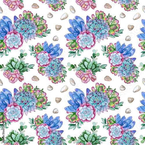Watercolor handpainted seamless pattern of succulent plant