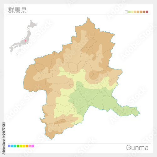 群馬県の地図（等高線・色分け）