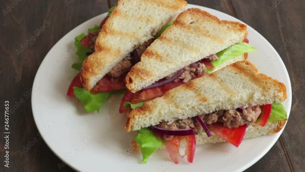 rotation white plate three sandwiches with tuna and vegetables rotation white plate three sandwiches with tuna and vegetables