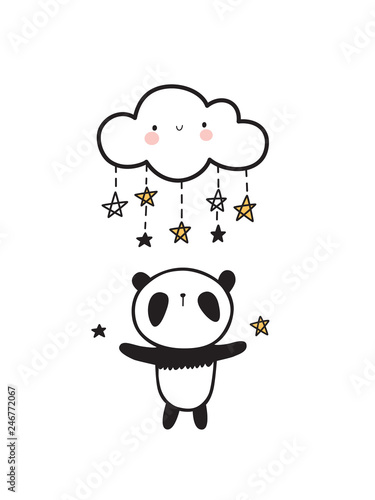 Fototapeta Naklejka Na Ścianę i Meble -  Cute panda with happy cloud and stars. Vector Illustration.
