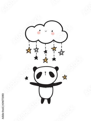 Fototapeta Naklejka Na Ścianę i Meble -  Cute panda with happy cloud and stars. Vector Illustration.