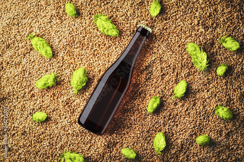 Brown beer mockup with diagonal placement glass bottlle with  translucent label photo