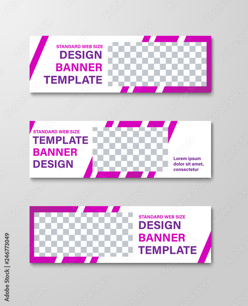 Design of horizontal white web banners with diagonal purple lines and a rectangle for a photo.