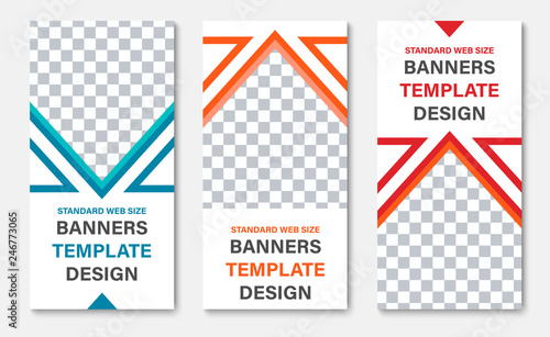 Set of vector vertical white web banners with place for photo and color triangles.