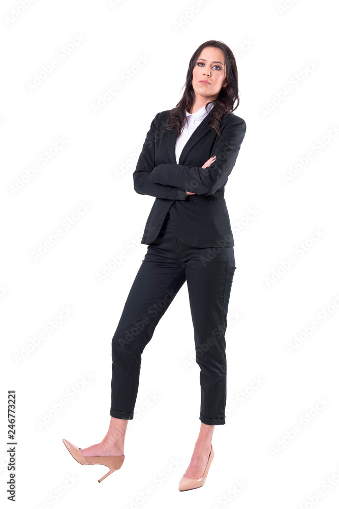 Authority concept. Bossy confident serious business woman manager with crossed arms. Full body isolated on white background. Authority concept. Bossy confident serious business woman manager with crossed arms. Full body isolated on white background.