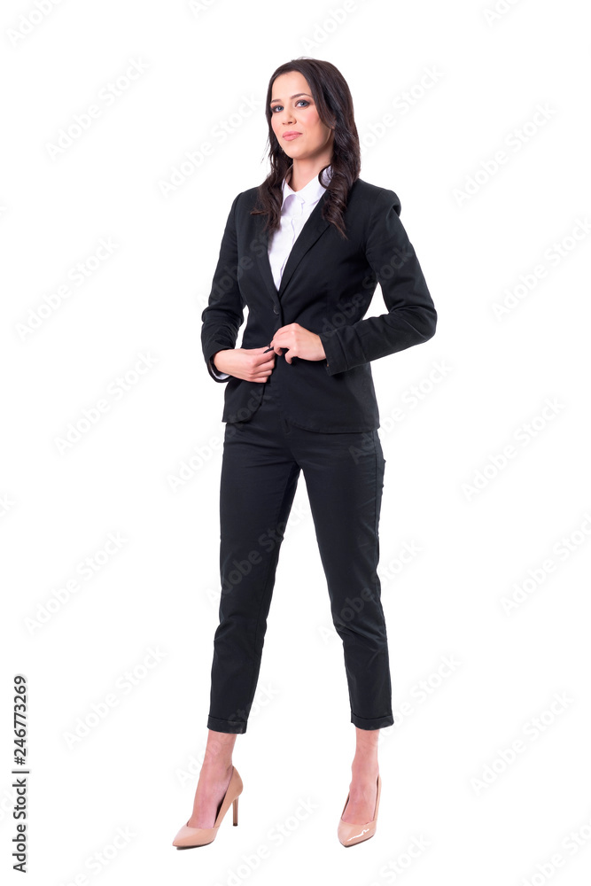 Confident elegant beautiful business woman getting ready for work dressing up suit. Full body isolated on white background. Confident elegant beautiful business woman getting ready for work dressing up suit. Full body isolated on white background.
