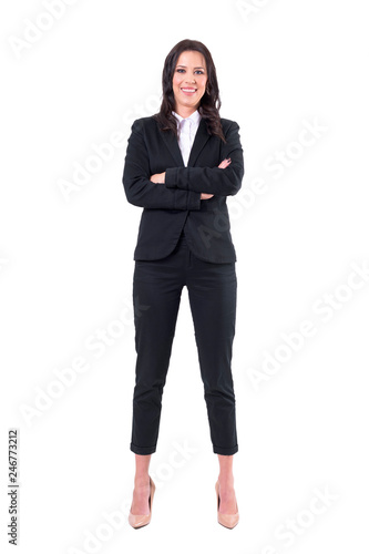 Joyful happy successful business woman with crossed arms smiling and looking at camera. Full body isolated on white background. 