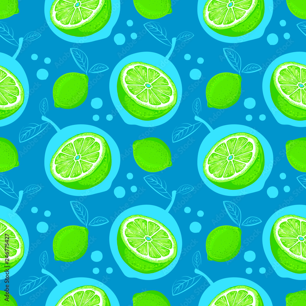 Lime seamless pattern. Sketch limes. Citrus fruit background. Elements for menu, greeting cards, wrapping paper, cosmetics packaging, posters etc